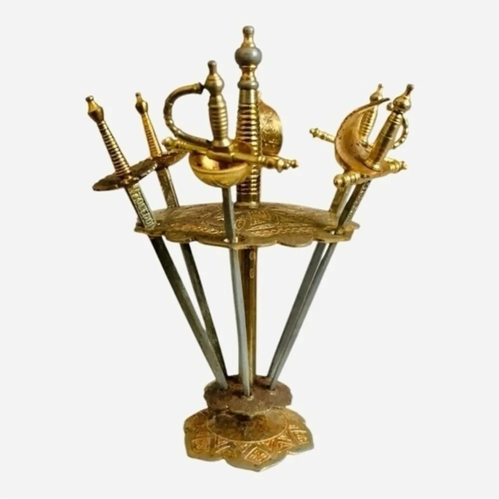 Vintage Spanish Toledo Cocktail Swords Picks Set 6 Gold Silver Metal Stand 4